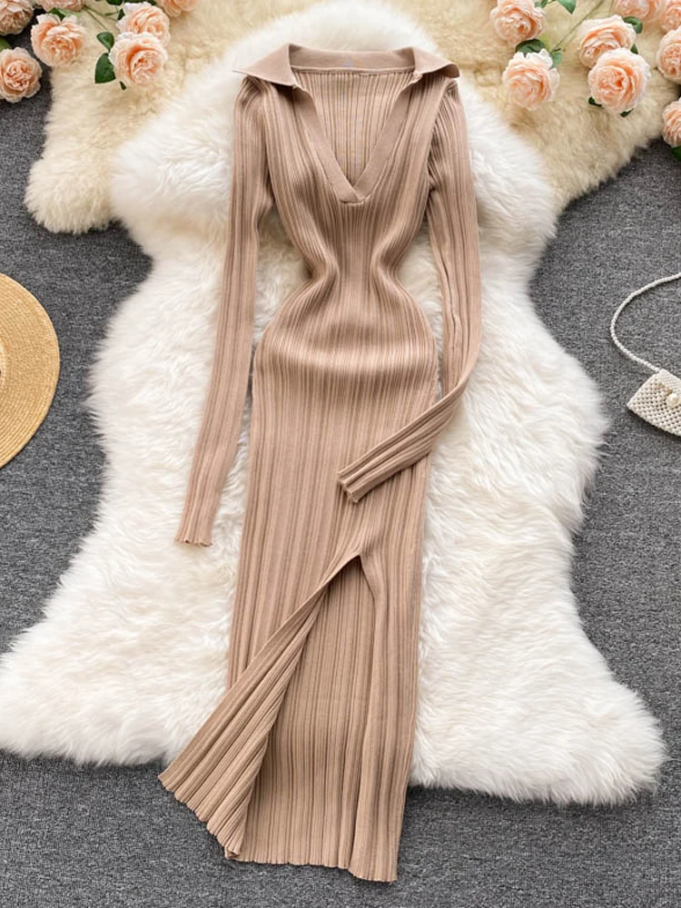 YuooMuoo Chic Fashion Sexy Wrap Hips Split Long Dress Spring Autumn Ribbed Knitted Slim Elastic Bodycon Dress Outfits Vestidos