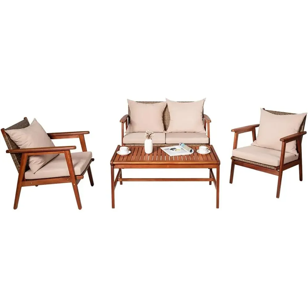 4-Piece Outdoor Acacia Wood Patio Sofa Set with Cushions and Coffee Table for Backyard, Garden, or Poolside
