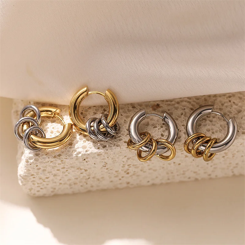 Stainless Steel Three Ring Huggie Earrings for Women Gold Plated Metal Geometric Round Circle Hoop Earrings Minimalist Jewelry