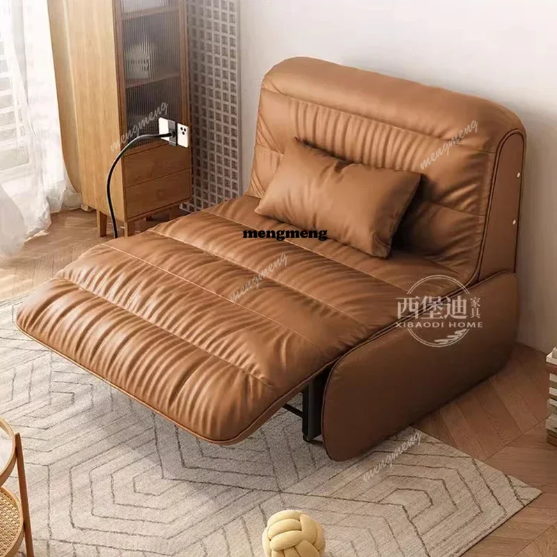Smart electric leather sofa bed bedroom living room office push-pull foldable dual-purpose small apartment lazy multi-function