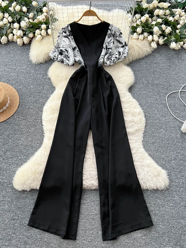 Verão feminino com decote em v manga bolha macacão de cintura alta nova moda praia férias temperamento casual calças largas perna c310