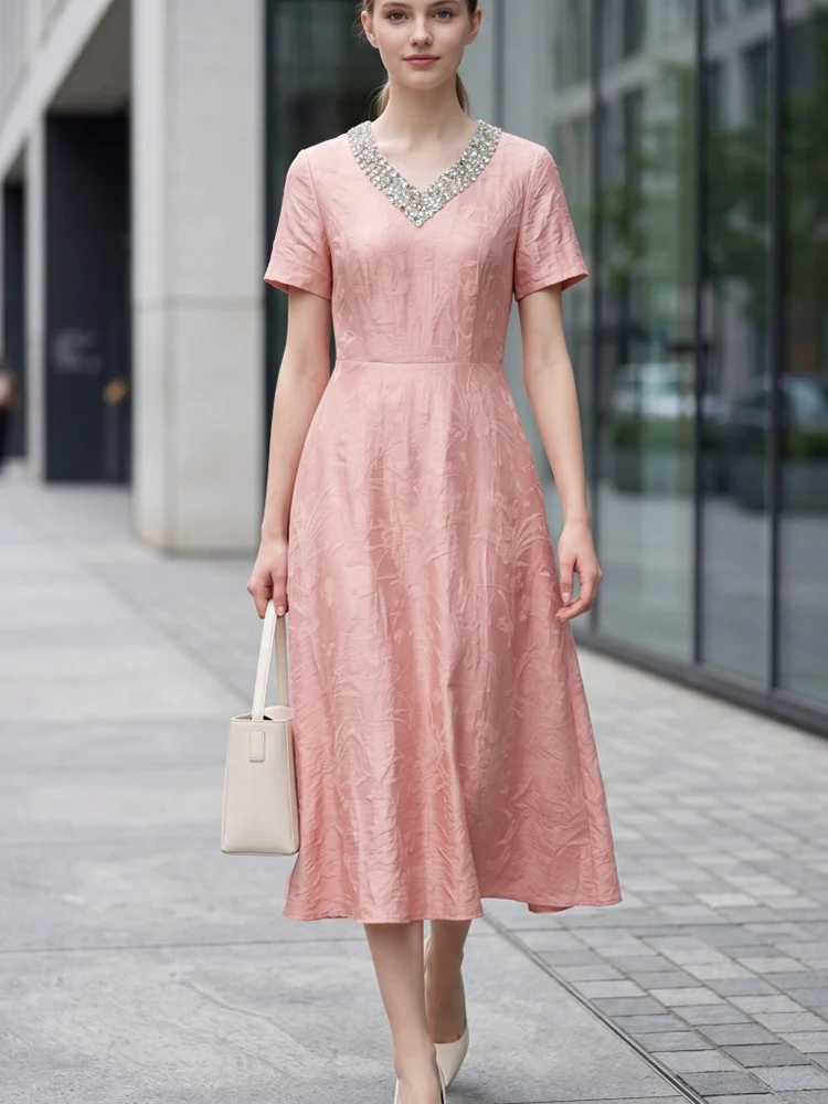 

JUNLINNA Fashion Women Jacquard Dress Summer V Neck Rhinestone Beading Short Sleeve High Street Lady Waist Sliming Midi Vestidos