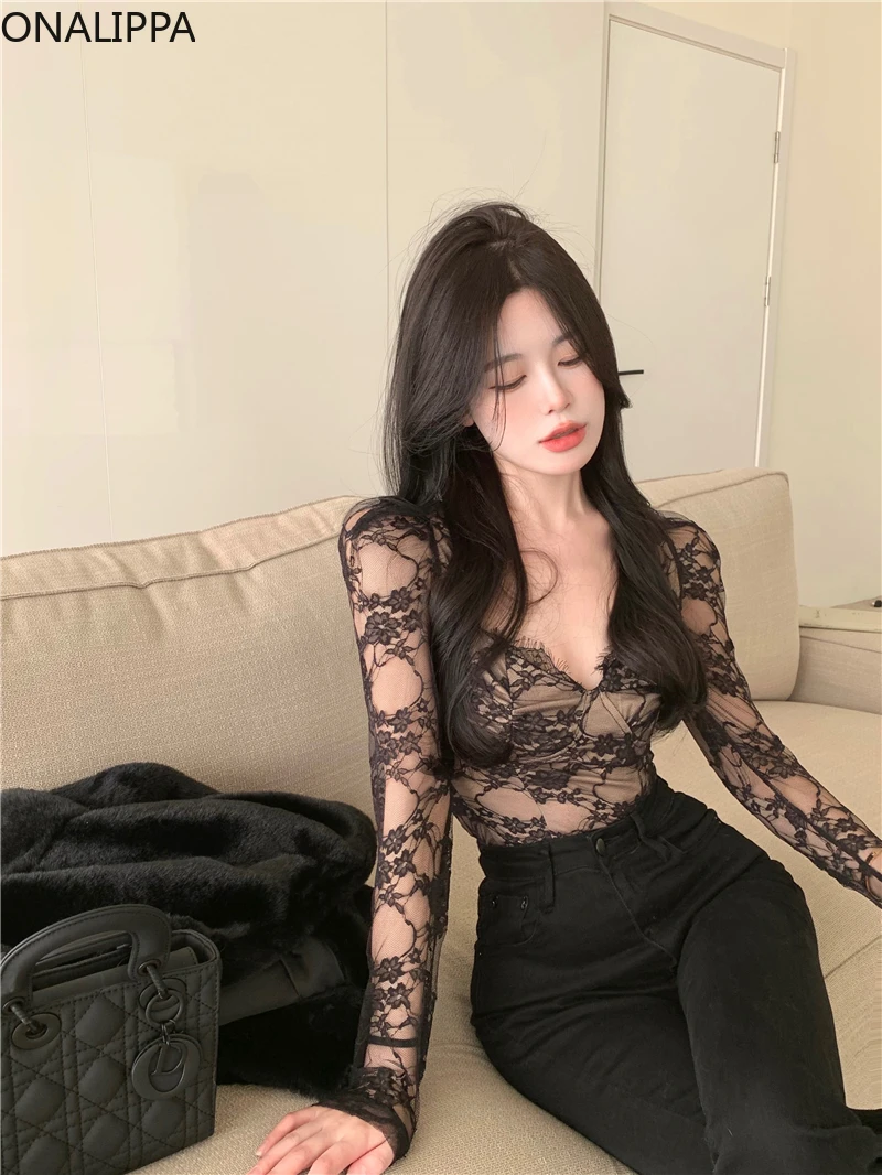 Onalippa Pure Desire Style Lace Shirts for Women Low V Neck Long Sleeves Bottoming Tops Korean Fashion Black Embroidery Top