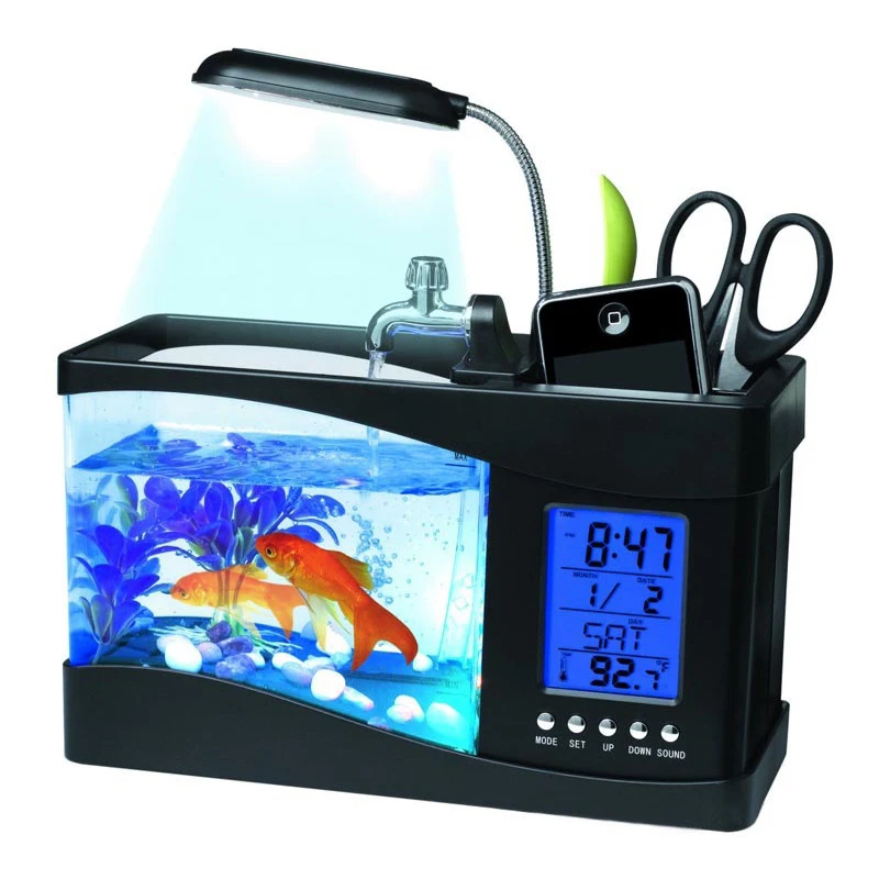 

USB Desktop Mini Aquarium Fish Tank with LED Light LCD Display Screen and Clock Fish Tank Decoration with Pebbles