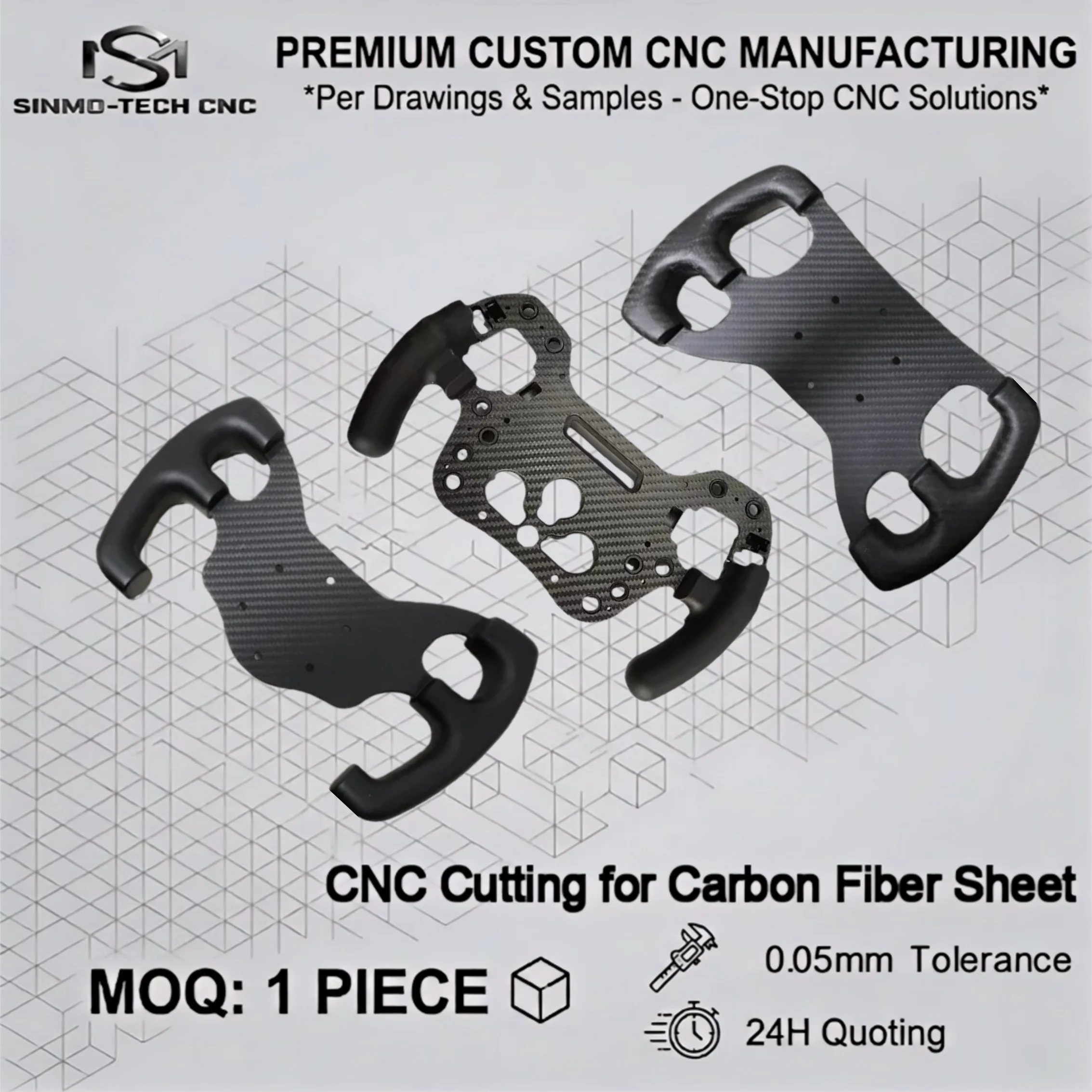 Volant en fibre de carbone usiné CNC, Réalisé selon vos plans CAO, MOQ 1 pièce, Conception légère, Amélioration sur mesure pour la course RC