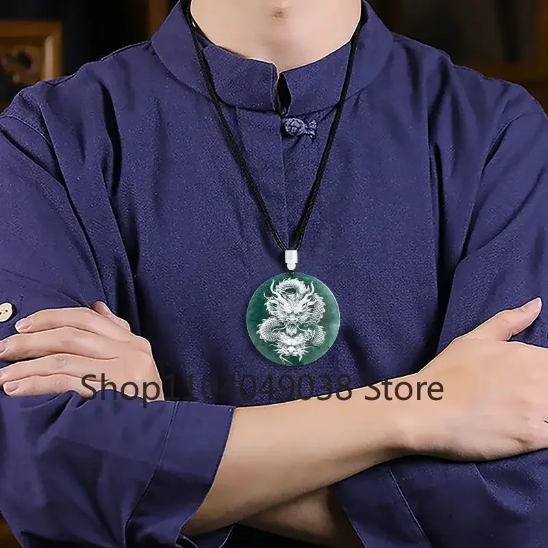 Kalung Liontin Giok Biru Jimat Batu Pria Desainer Aksesori Mode Antik Hadiah Perhiasan Asli Giok Burma Alami