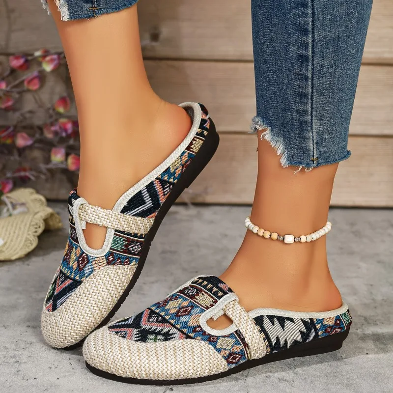 Ethnic Style Embroidered Shoes New Linen Breathable Half Slippers for Women with Soft Soles Women's Cloth Shoes for One Foot