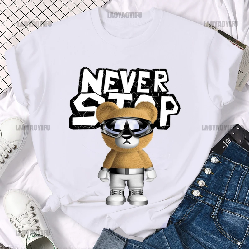 

Never stop Cool Bear Printing Shirt Harajuku Casual T-Shirt Street Fashion Short Sleeve Clothing Streetwear Men's Hip Hop Cotton