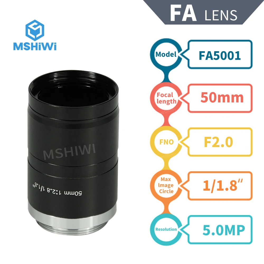 

FA Lens 5MP Focal Length 50mm C Mount 1/1.8" Fixed Manual Iris Lens for Machine Vision Industrial Camera ITS Camera Surveillance