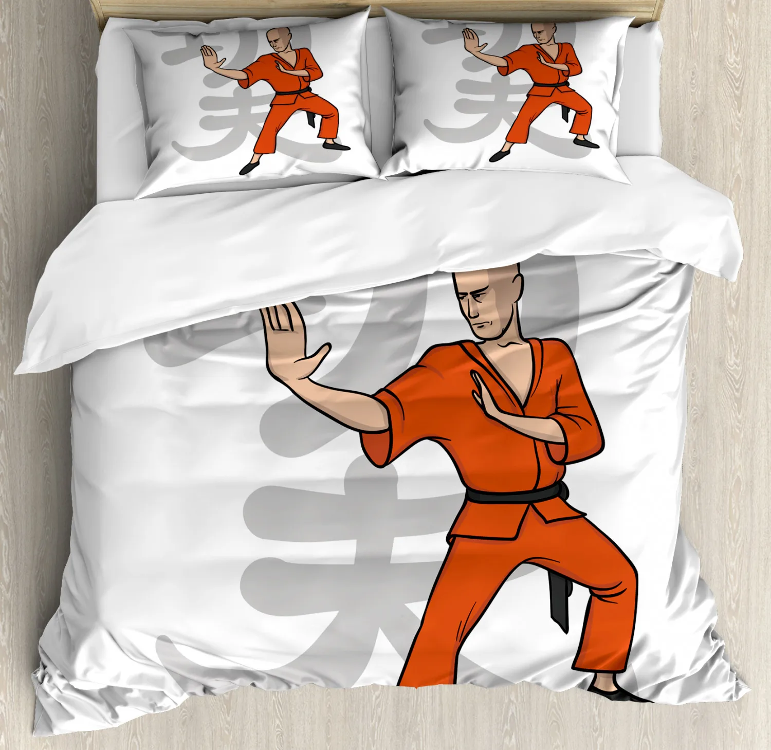 

Kung Fu Duvet Cover Queen Eastern Martial Art Sports Cartoon Warrior In Traditional Clothes on Sign 2/3pcs Polyester Quilt Cover