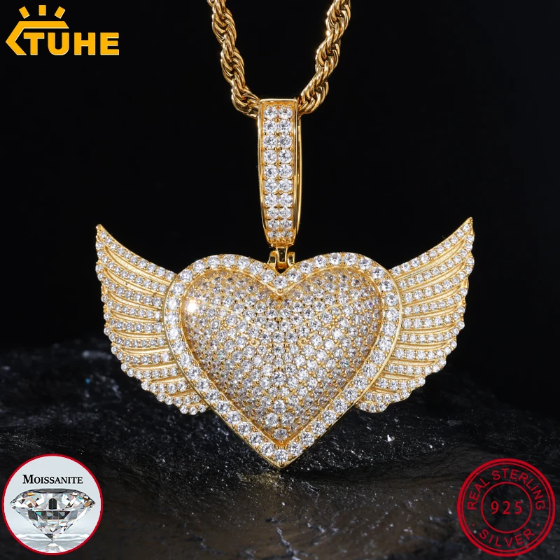 TUHE Unisex Heart Angel Wings Pendants Necklaces Ice Out Moissanite 925 silver Pendants For Men Hip Hop Jewelry Gift