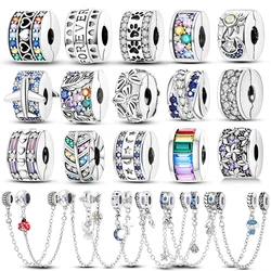 Silver Plated Clip Shiny CZ Heart Clip Charm Flower Bead Safey Chain Stopper Fit Original Bangle Bracelet Jewelry DIY