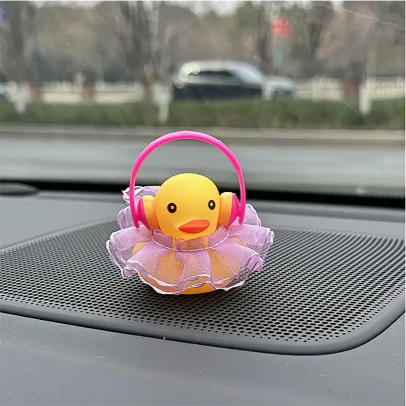 Car Rubber Duck, Yellow Duck Decoration Dashboard with Sun Hat Swim Ring Necklace