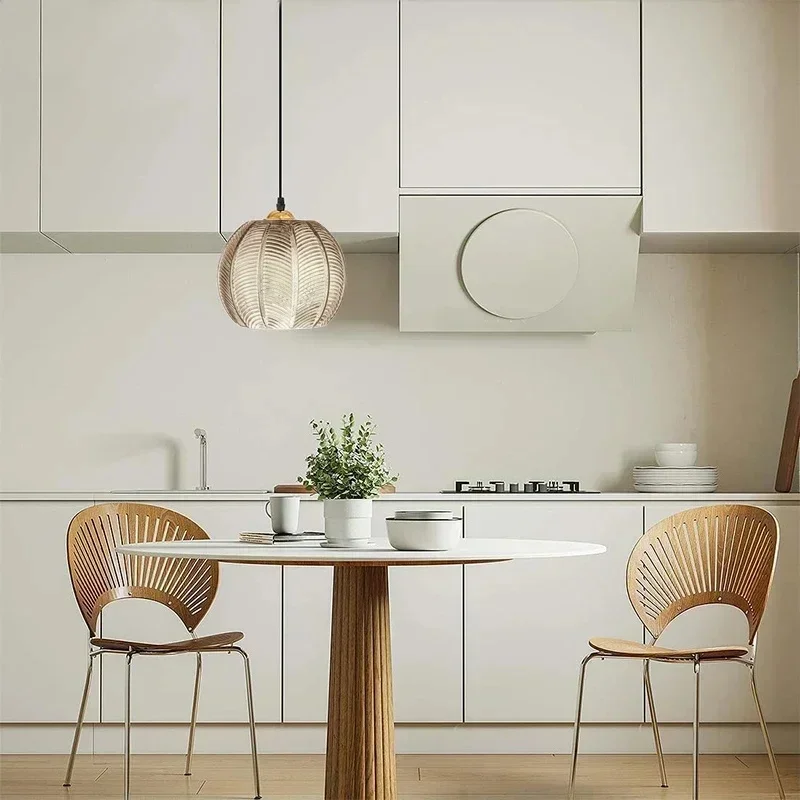 Modern Striped Green Pumpkin Glass Pendant Light Ribbed Globe Shade Hanging Lamp For Kitchen Island Cafe Dining Room Decor Light