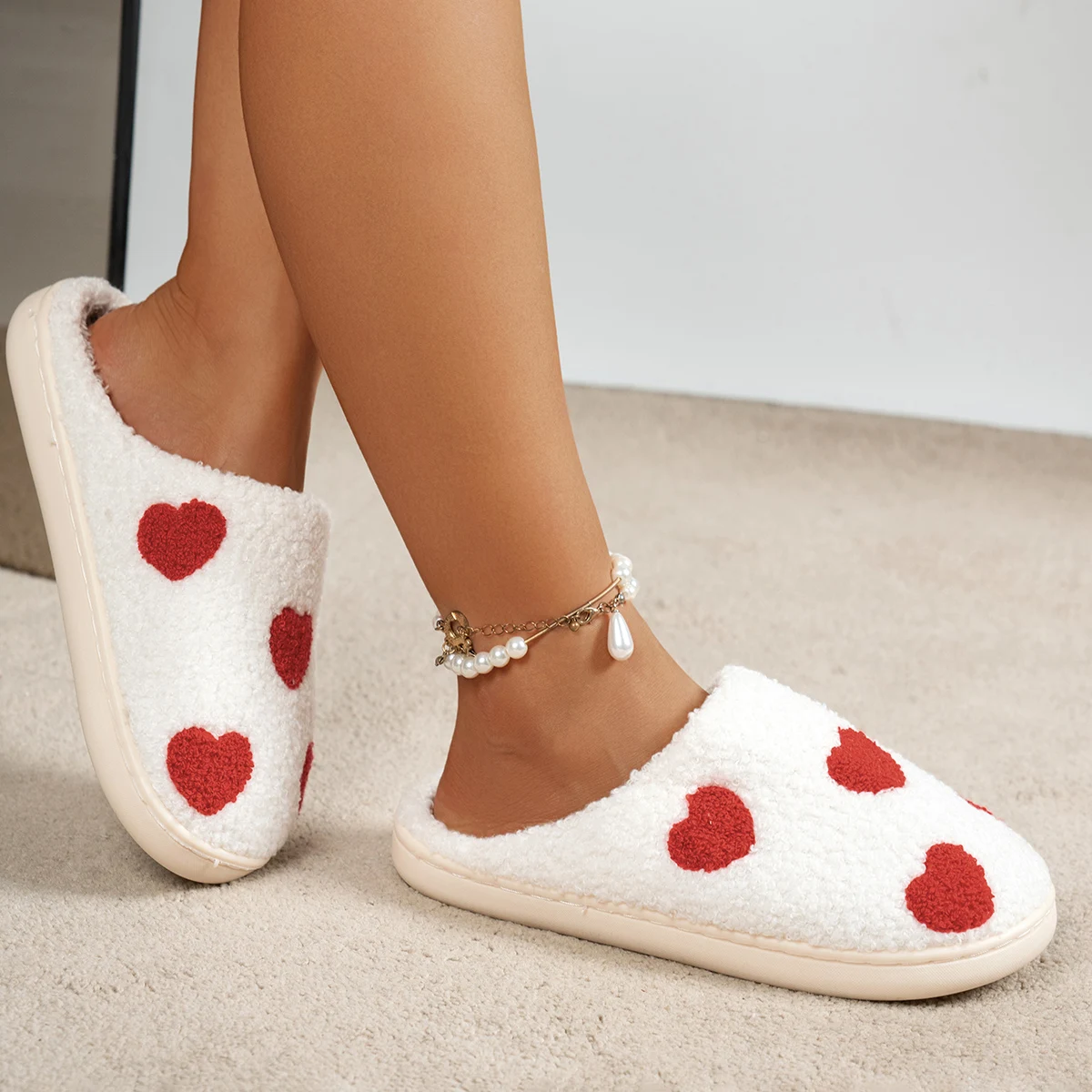 Small Heart Pattern Warm Comfy Slippers Cute Girl Interesting Women Leisure Bedroom Winter Indoor Plush Home Soft Sole Shoes