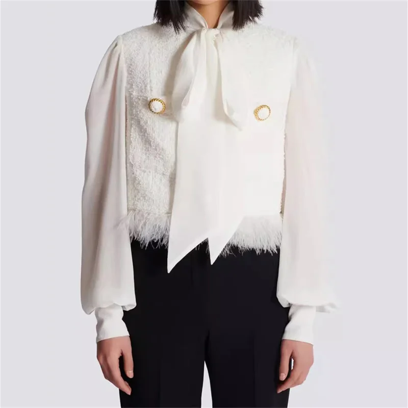 

Women's jacket 2024 Autumn New outerwears Fashion Feather Splicing Long Sleeve Top Metal button decoration Women's coat Blouse