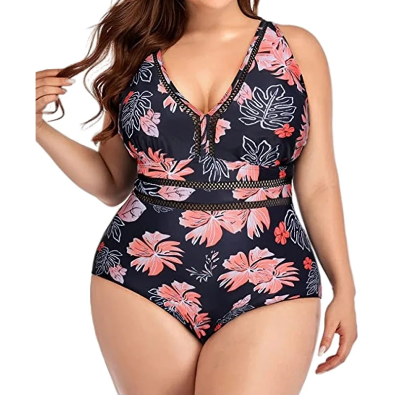 Plus Size V Neck One Piece Swimsuit Tropical Floral Print Mesh Panel Tummy Control Bathing Suit, Curvy Swimwear for Brazil Beach