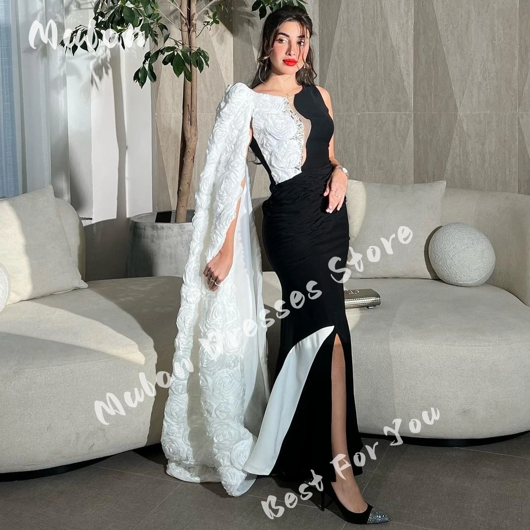 

Customized 3D Flower Long Cape Sleeves Arabia Elegant Prom Dresses Beaded Cut-out Evening Dresses Formal Occasion Party Gown