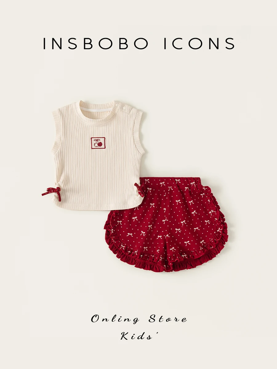 insbobo-baby-girl's-summer-outfit-set-sweet-style-polyester-cotton-blend-comfortable-breathable-cherry-print-two-piece-suit