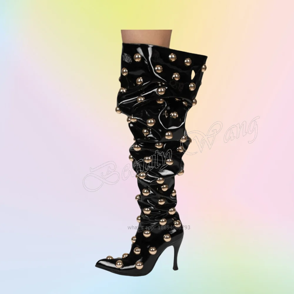 Black Multi Gold Rivet Decor Boots Over the Knee Thin Heel High Heel Shoes for Women Runway High Heels 2023 Zapatillas Mujer