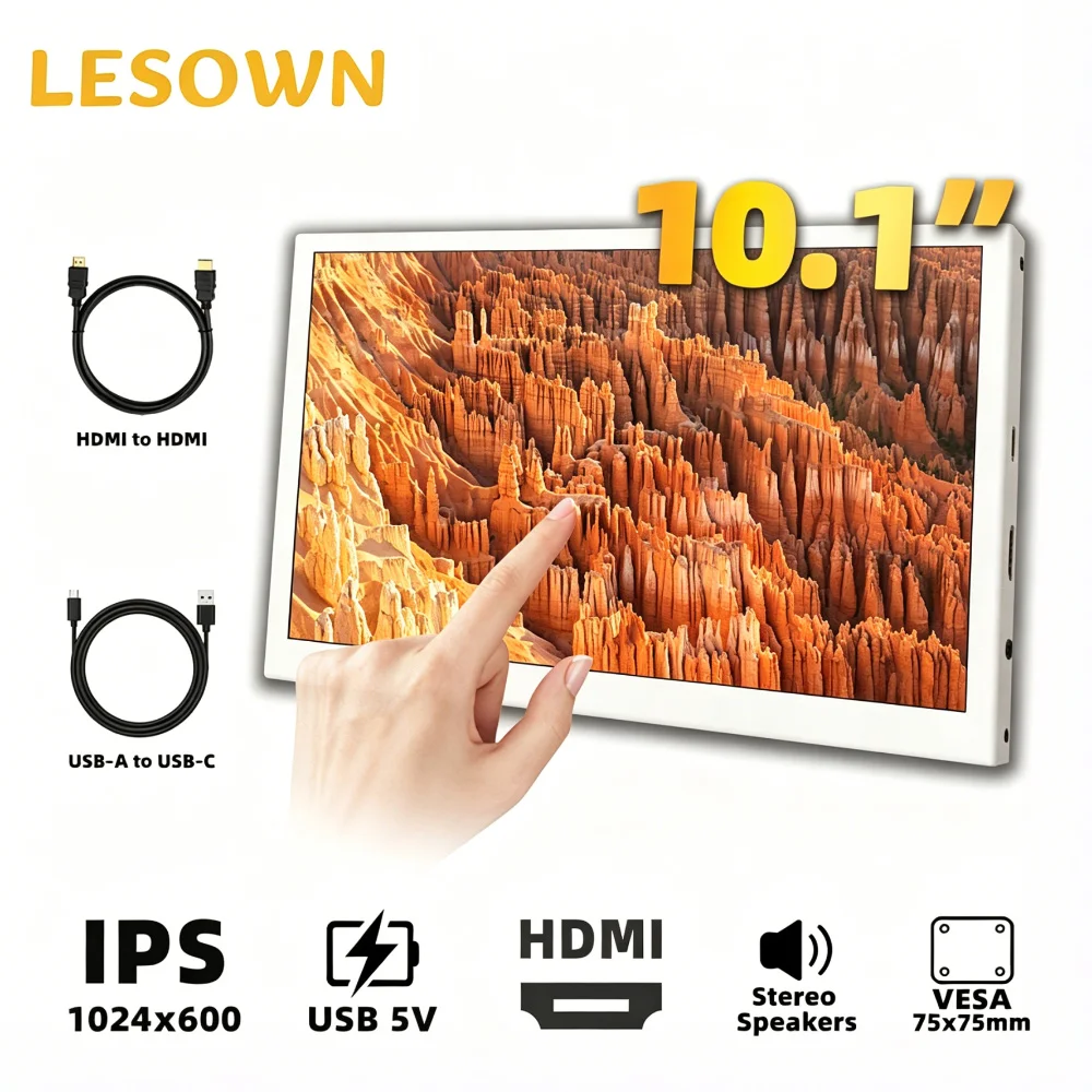 LESOWN 10.1 Inch 1024x600 Portable Capacitive Touch Screen Mini Monitor Durable White Alloy Shell Built-in Horn USB Powered