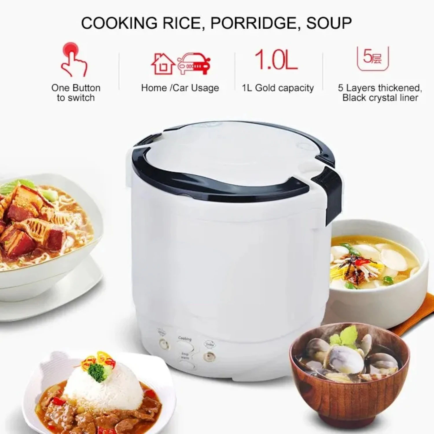 New Compact Mini Portable Household MultiCooker with 12V 24V 220V Power Options - Convenient Pot Cooking Machine for Car and Tru