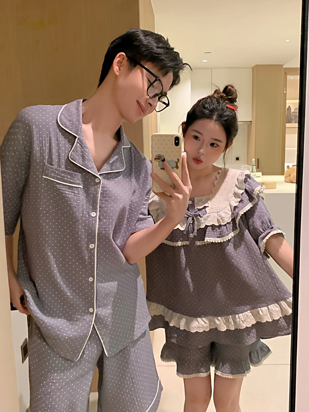 韓国スタイルの重厚な刺繍純綿パジャマ半袖ショーツホーム服セットカップル用夏服若者向け