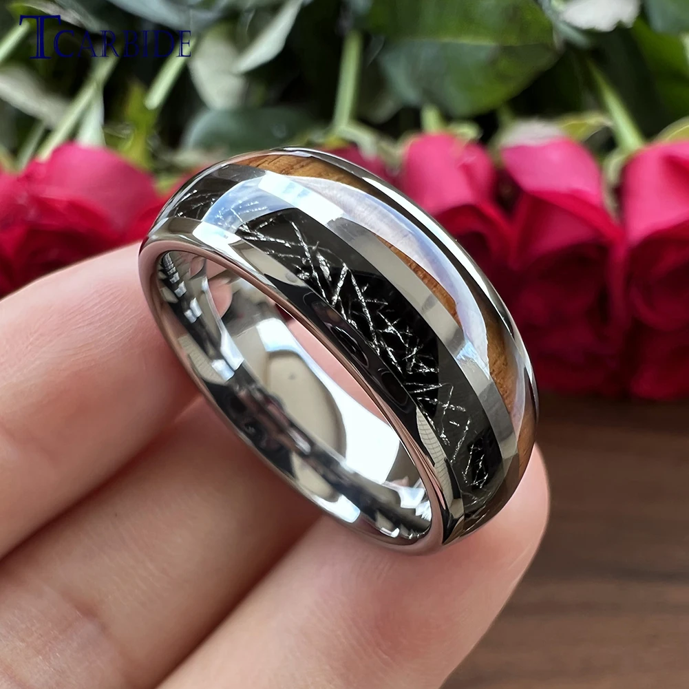 Dropshipping 8MM Black/Bright Meteorite Ring Tungsten Wedding Band For Men Women Fashion Jewelry Domed Polished Comfort Fit