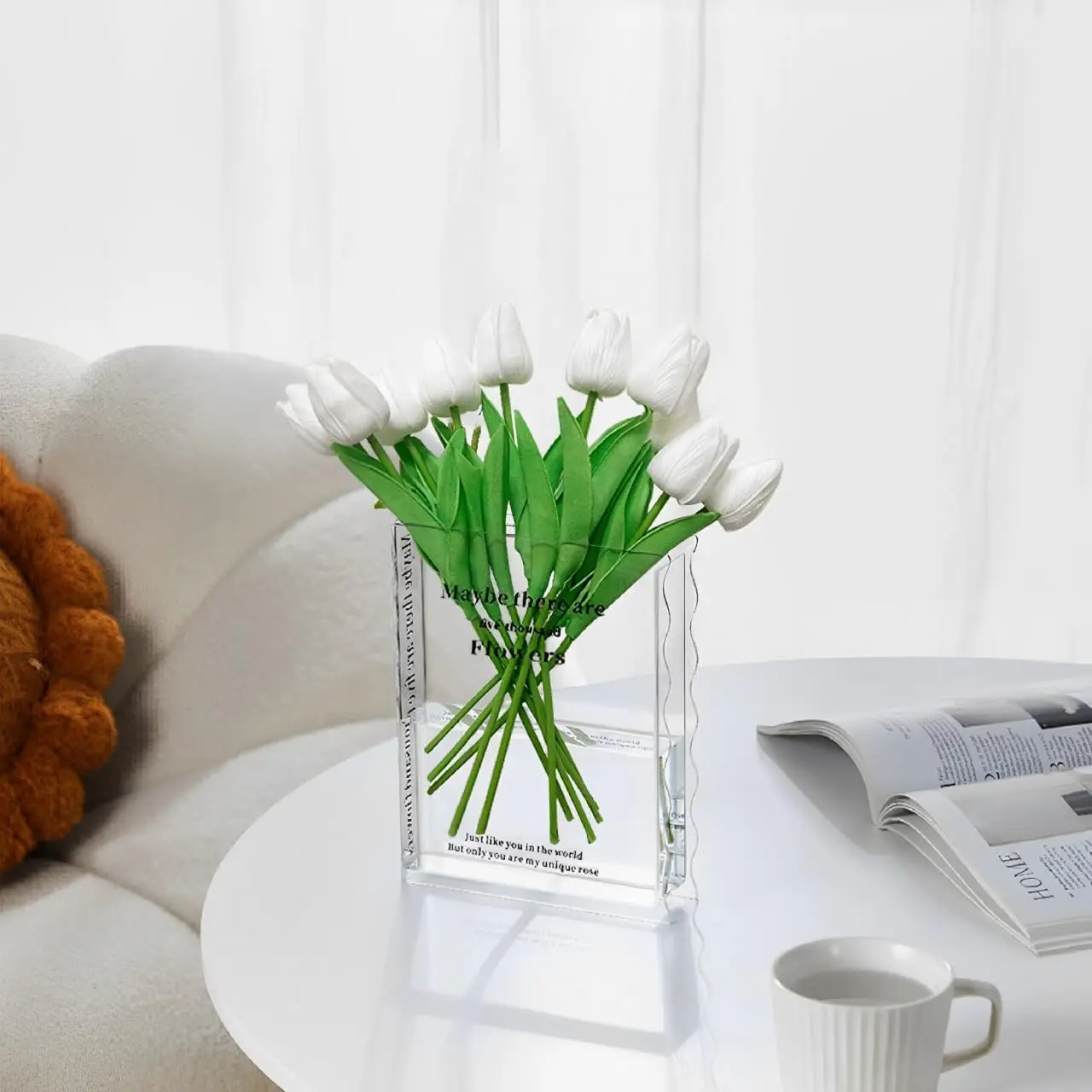 Artificial  with Book Vase, 10pcs Faux White Flowers Fake Tulips in Clear Acrylic  for  Office Decor  Vase for Book Lovers, Arti