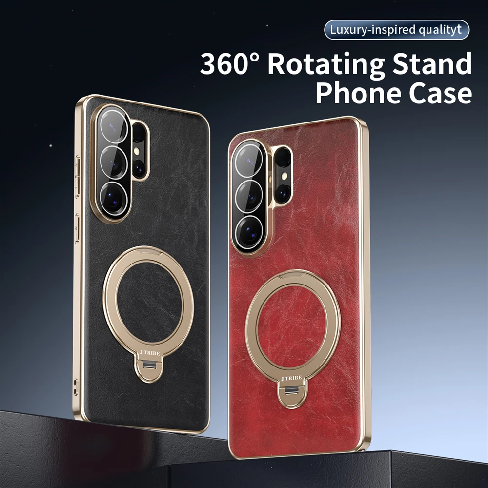 

360 Rotating Metal Stand Holder Leather Case for Samsung Galaxy S26 S25 S24 Ultra Magnetic for Magsafe Shockproof Solid Cover