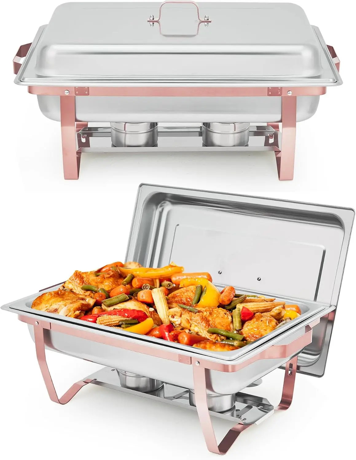 Set of 2 Chafing Dishes for Buffet, 8 Qt Rectangular Stainless Steel Buffet Servers & Warmers with Foldable Frame, Food Warmers for Parties, Weddings, Catering & Gatherings, Rose Gold