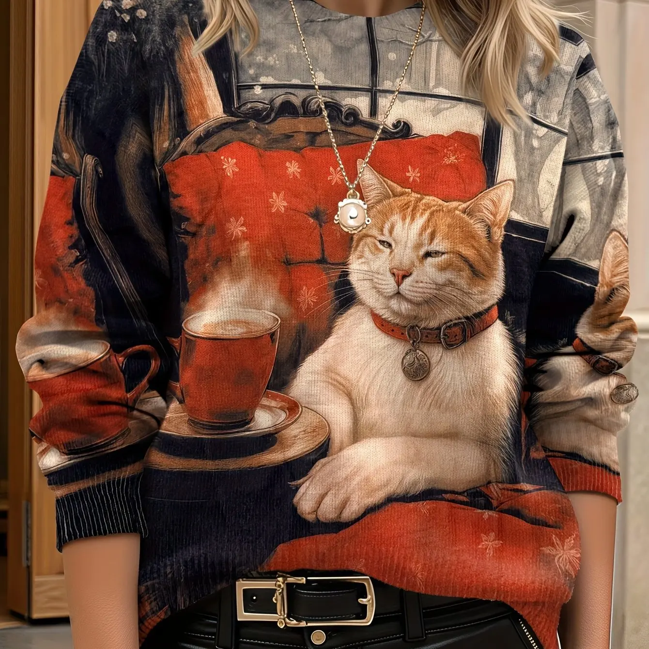 

2025 женский свитер с круглым вырезом и длинными рукавами, уютный мужской пуловер с 3D принтом кота, зимний повседневный мужской пуловер унисекс для женщин