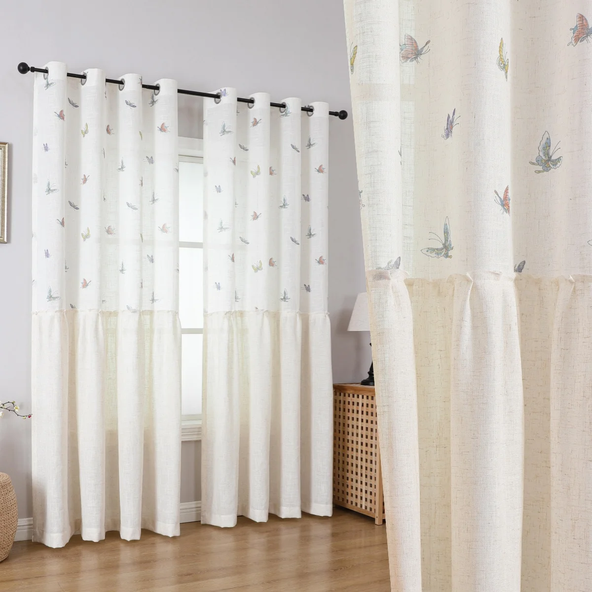 1 x französischer Vintage-Leinen-Stil, bunter Schmetterlingsdruck, Rockvorhang für Wohnzimmer, cremige Fensterschweller aus Baumwolle und Leinen, sanft