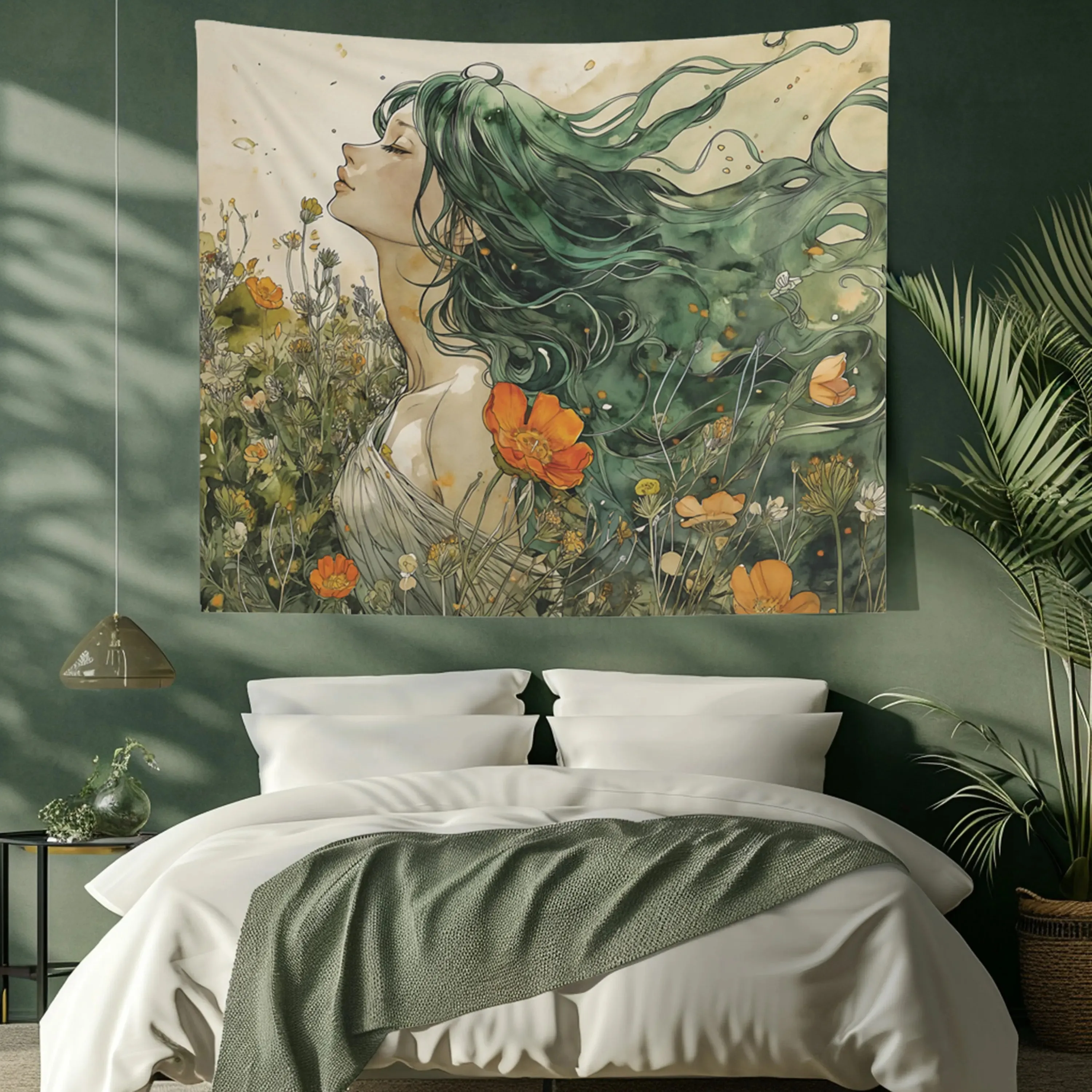 

Vintage Nature Goddess Tapestry Green Hair Fairy Floral Wall Hanging Peach Skin Aesthetic Room Decor For Bedroom Living Room