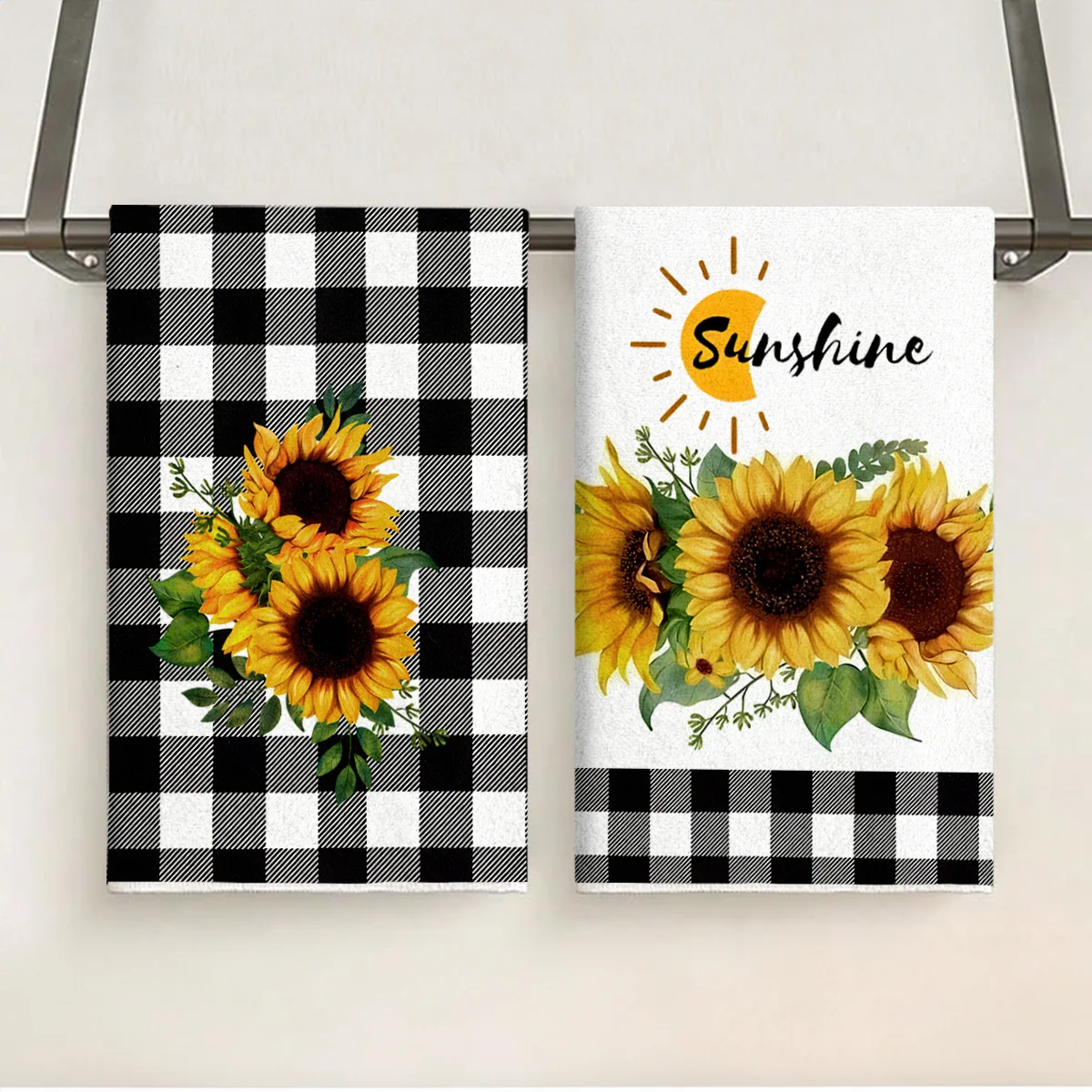 2-Pack Sunflower Kitchen Towels, Black and White Checked Design, Modern Style, Machine Wash