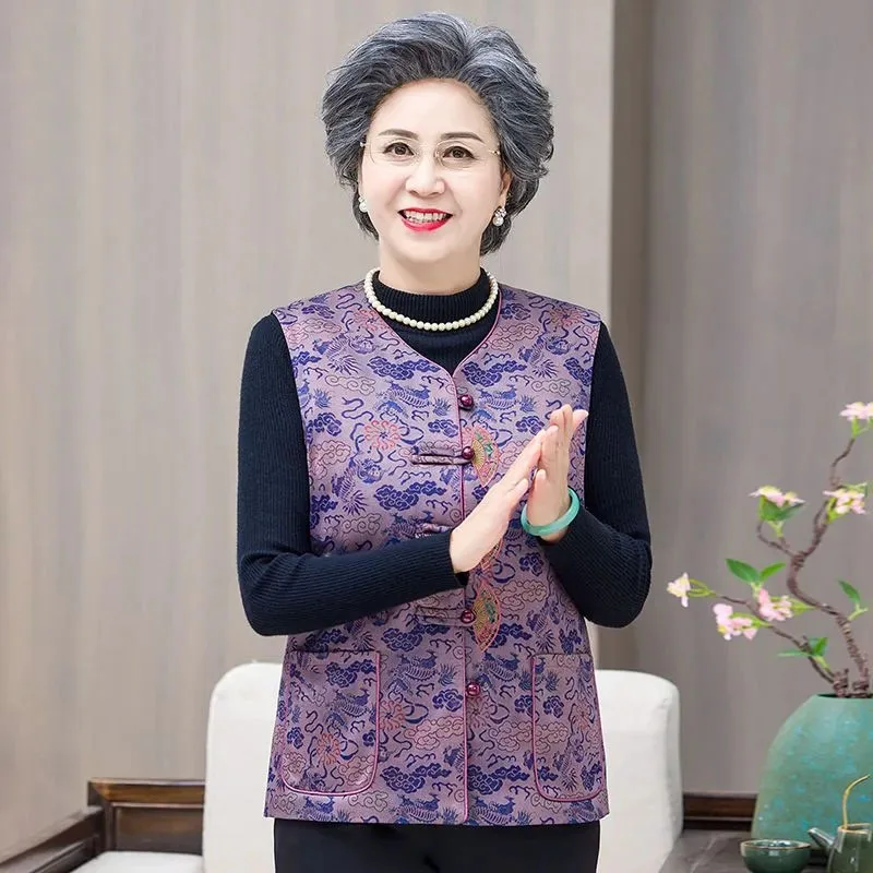 

Grandma Spring Autumn Vest New Chinese Style Casual Embroidery Sleeveless Jacket Elderly Women Waistcoat Vest Coat Size 6XL