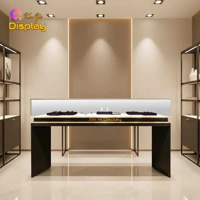 custom.Customized Modern Black Stainless Steel Jewelry Display Cabinet Metal Counter Luxury Shopping Mall Showcases LED Wate