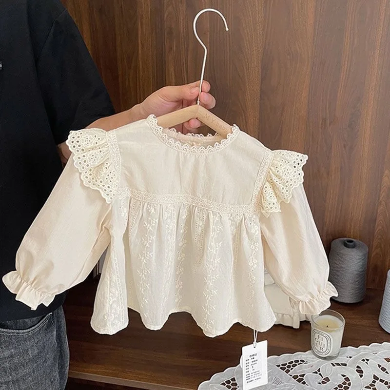 Sweet Girl's Lace Embroidered Doll Shirt Cotton Liner Long Sleeve Button up Top for Autumn Wear Children's Clothing
