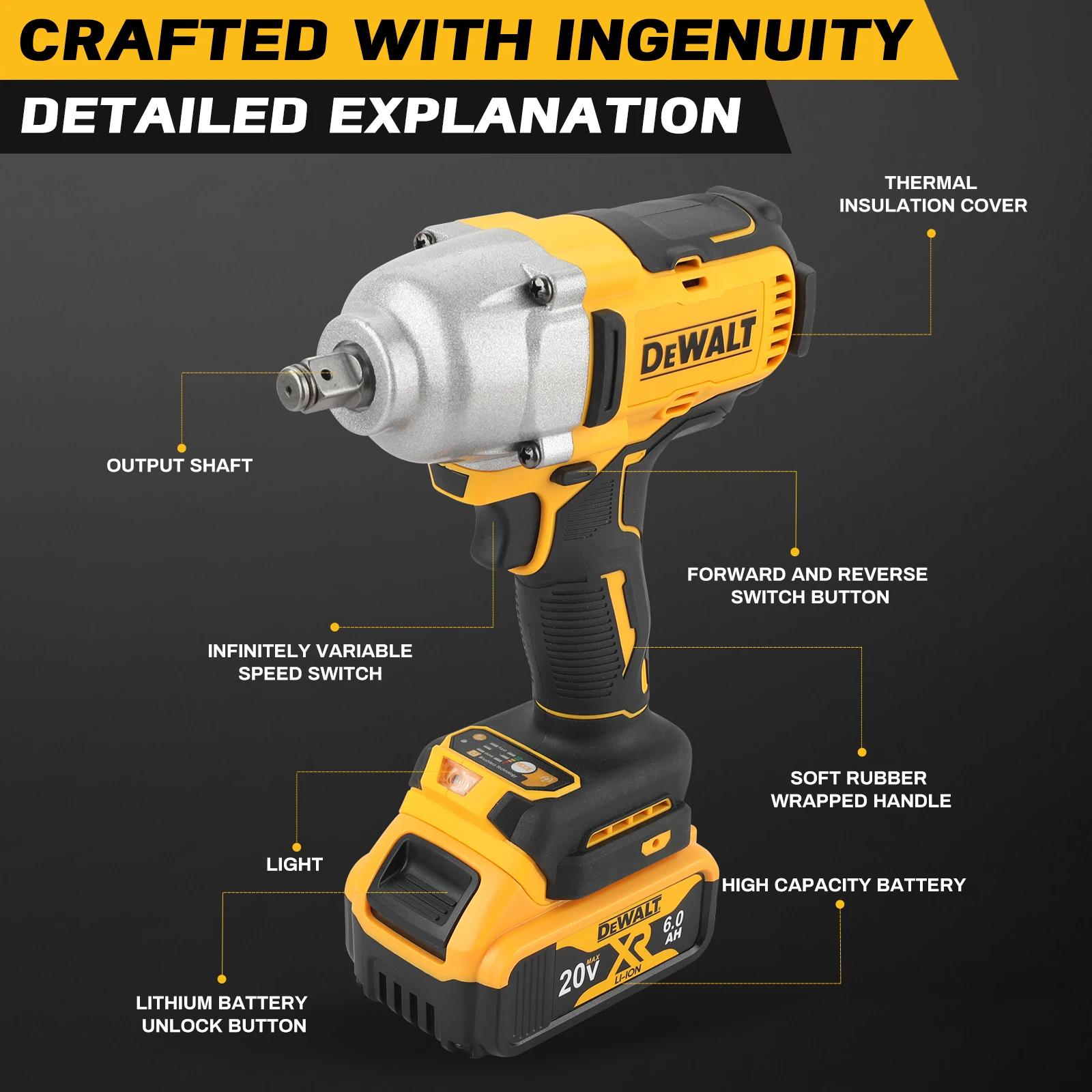 مفتاح ربط Dewalt DCF900 بدون فرش: 20 فولت، عزم دوران 850 نانومتر، بطارية 6.0 أمبير، متعددة السرعة، لتغيير الإطارات والثقيلة - وظائف العمل #4