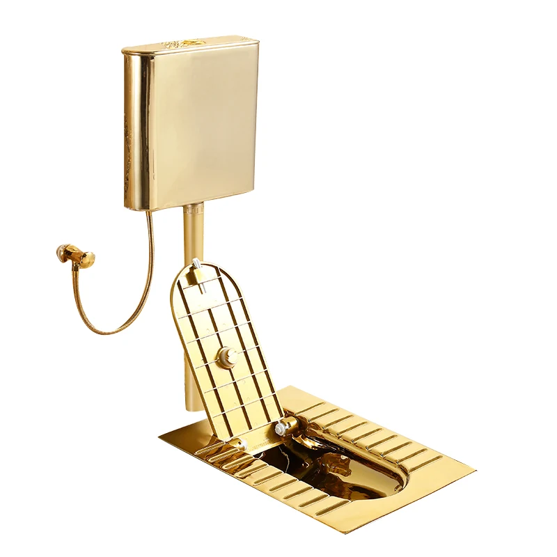 

Gold squatting toilet with cover, water tank set, flip cover squatting pit stool basin for household use