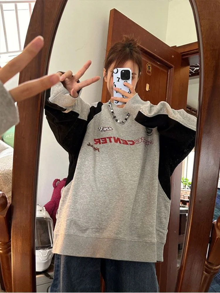 

ADAgirl Y2K Vintage Gray Sweatshirts Women Hip Hop Retro Streetwear Long Sleeve Hoodie Female Harajuku Kpop Patchwork Letter Top