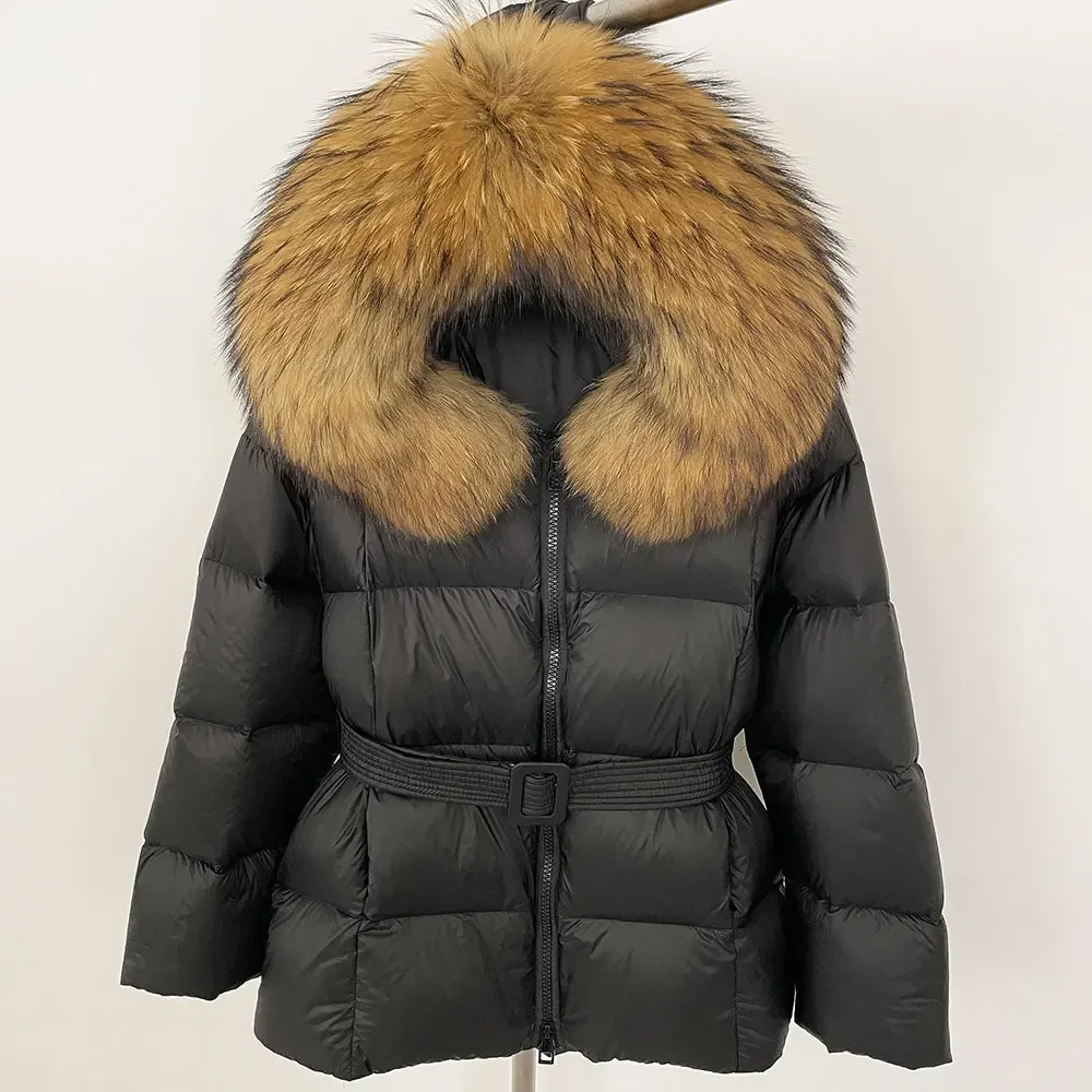 

2024 Winter Warm White Duck Down Coat Women Female Casual Hooded Real Raccoon Fur Jacket Natural Fox Fur Collar Jacket
