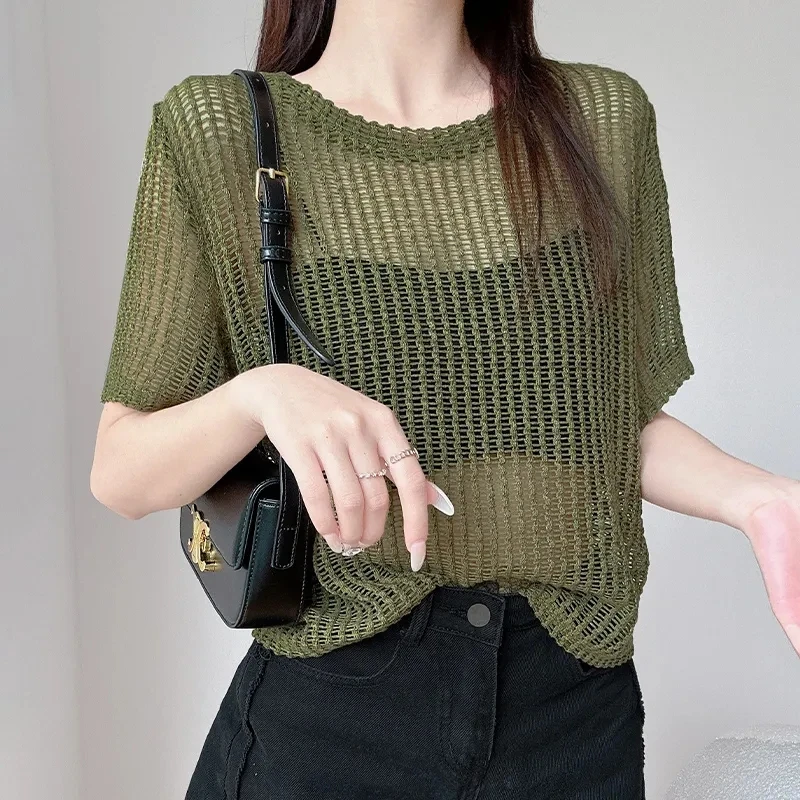 Lazy Knitted Hollow Out Sunscreen Sling Outer Hoodie Female Summer Thin Heart Grid Short Sleeve t-shirt Bottom Tops