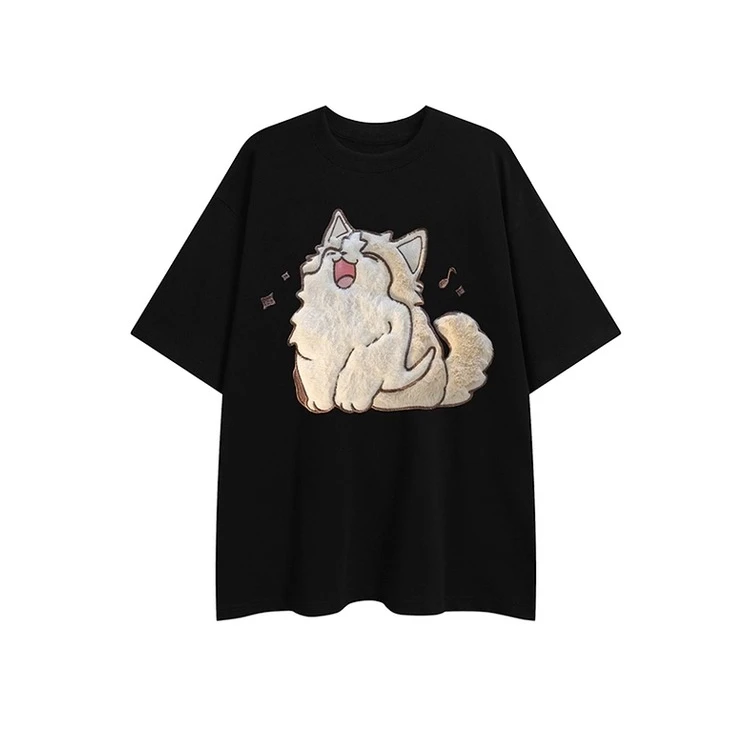 2025 Summer New Men's Cute Cat Round Neck Short Sleeve Black T-Shirt Street Loose Casual Light Apricot Cotton T-Shirt