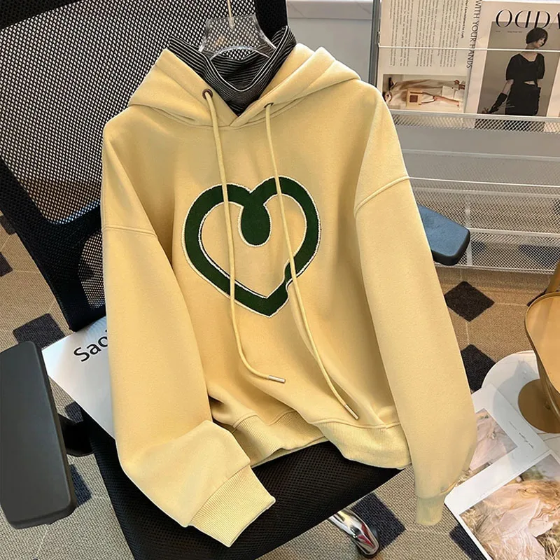 patchwork Heart Print Women Sweatshirt Soft Casual Loose Vintage Female Hoodies 2023 Winter New Warm Fleece Student Tops Y2k