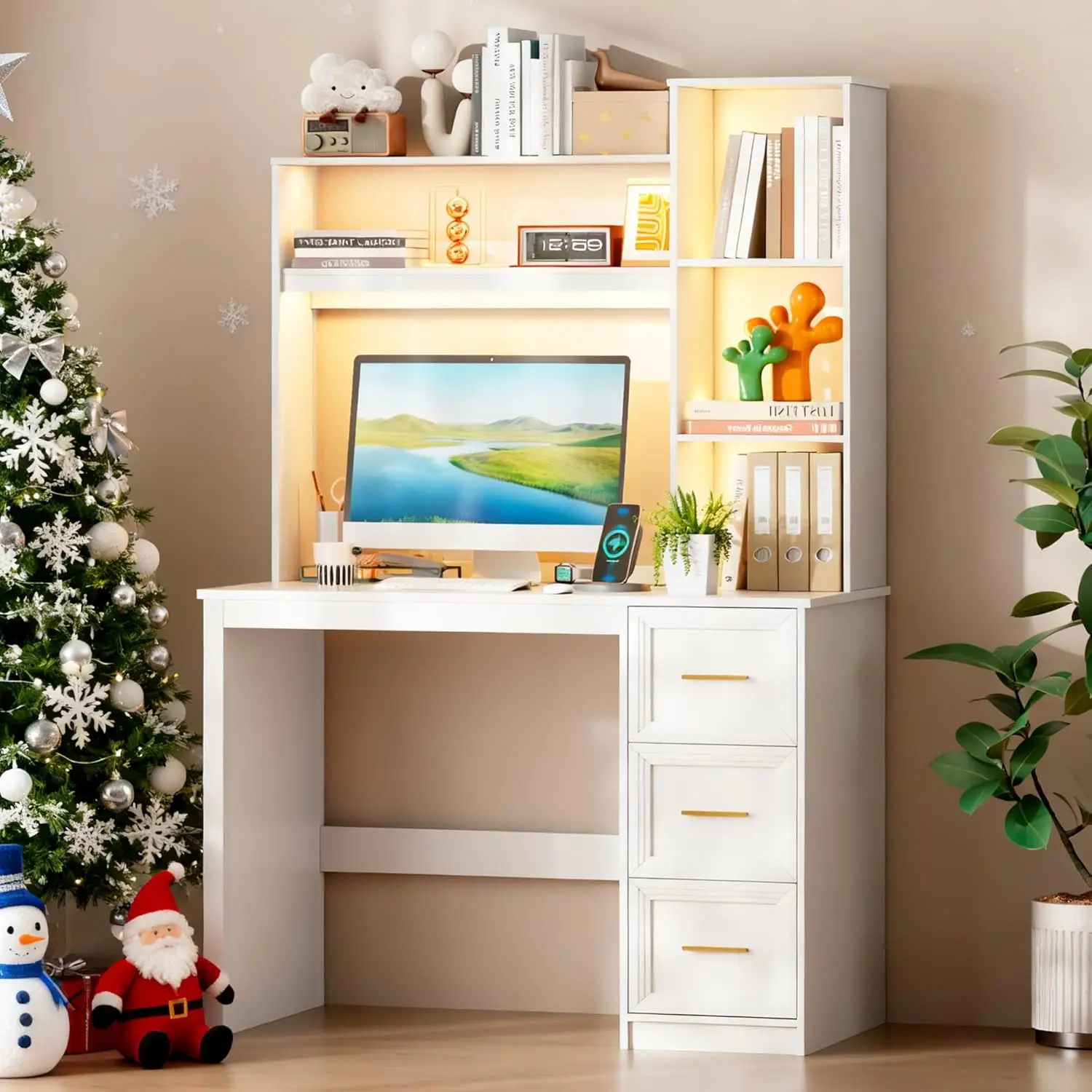 

White Home Office Desk with Hutch, Power Outlets, LED Light, Storage Shelves, Compact Workstation for Bedroom