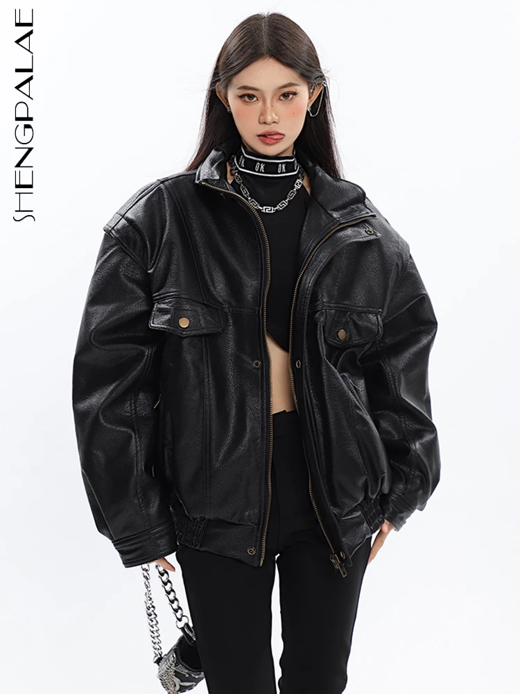 SHENGPALAE Black Coat Fashion Design Sense Niche High-end Jacket Leather Motorcycle Overcoat Women 2024 Spring New Clothing 2261