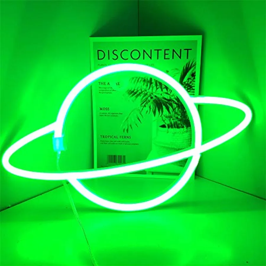 Neon Signs Planet Wall Green Night Lights Wall Decor Space Planet Hanging Neon Light for Home Bedroom Bar Club Christmas Weddin