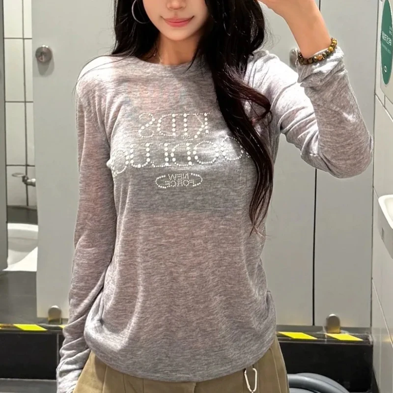 Spicy Girls Letter Diamonds Gray T-shirt Autumn Micro Transparent Slim Fit Long Sleeve Tops Vintage Y2k Aesthetic Tees