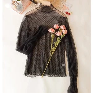 Bella Philosophy Women Collar High Mesh Perspective Blouse Summer Fine See through Fine Long Lace Flare Sleeves Tops 10 Main Sales Women's High Collar Blouse - №2